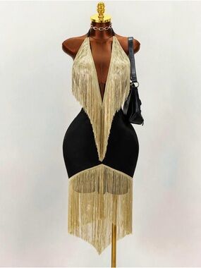 Black Mini Dress with Gold Fringe Halter